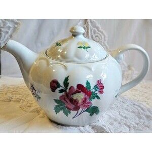 80's Laura Ashley Parfums Porcelain Lidded Teapot with Victorian Floral Pattern